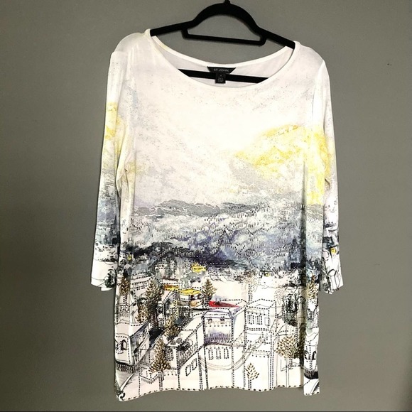 St John Graphic top / blouse with ski town scene studs Medium NEW knit - Picture 1 of 9
